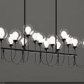 Modern Chandelier with Multiple Transparent Spherical Bulbs on Black Horizontal Bar