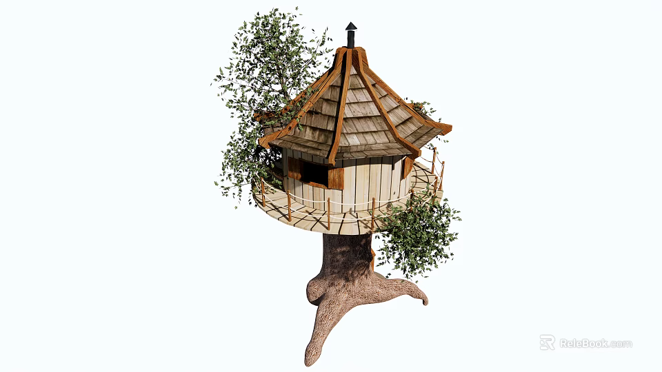 Wooden Treehouse with Triangular Roof Platform Natural Tree Stump Base and Green Leaves 3d model 
