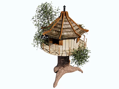 Wooden Treehouse with Triangular Roof Platform Natural Tree Stump Base and Green Leaves 3d model