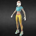Stylized Character Wearing Blue Lightning Crop Top And Yellow Gradient Leggings With Arm Tattoo