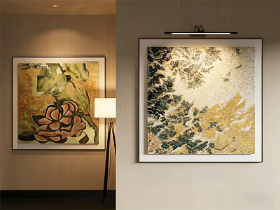 Abstract Painting Wall Art With Gold And Green Colors For Interior Decor 3d model