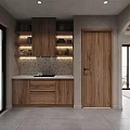 Apartment Modern Kitchen Featuring Silver Refrigerator Wooden Cabinets And Speckled Backsplash Lighting