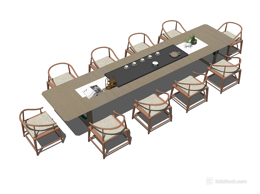 Traditional Chinese Style Wooden Tea Table With Multiple Rattan Back Chairs 3d model 