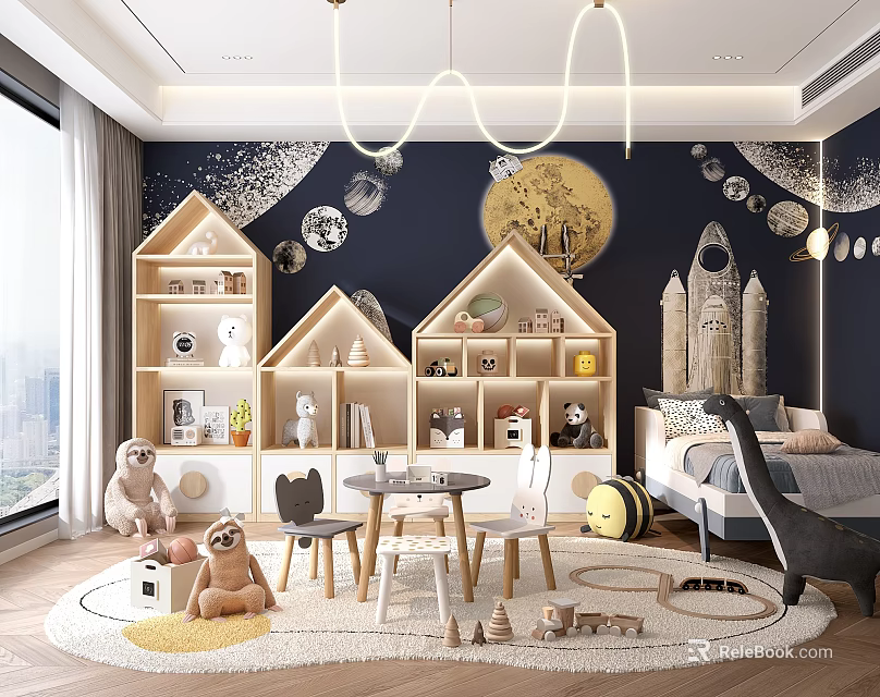 Kids Bedroom With Starry Wall Plush Toys And House Shelves 3d model 