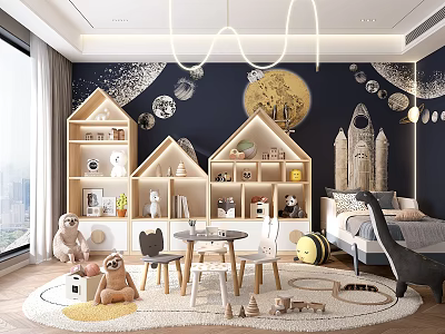 Kids Bedroom With Starry Wall Plush Toys And House Shelves 3d model