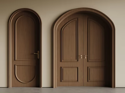 Classic Wooden Arched Doorways With Single And Double Paneled Designs On Neutral Wall 3d model