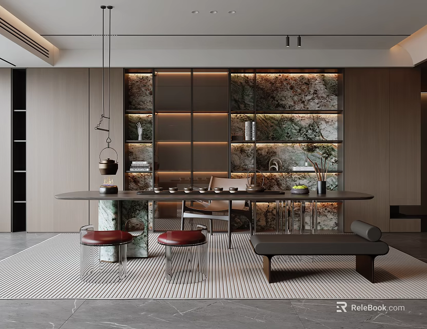 Modern Tea Room Interior Design With Long Table Stools Shelves And Green Plants 3d model 