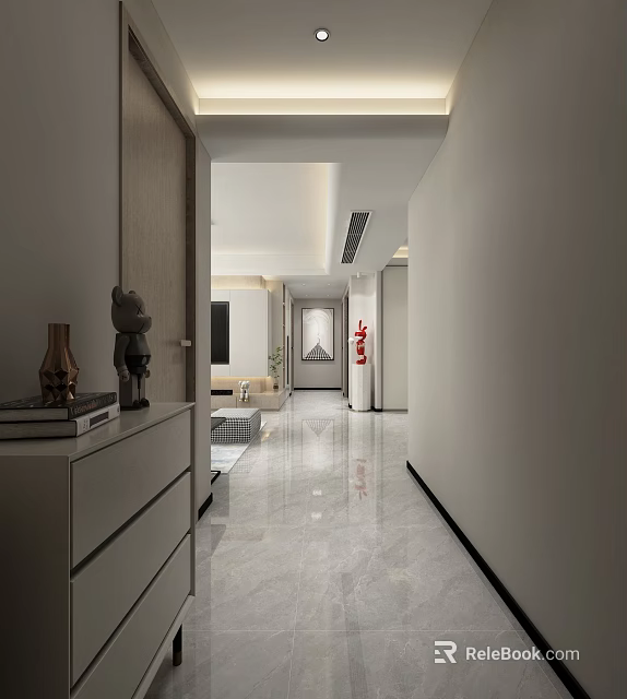 Modern Minimalist Living Dining Room Open Concept With Marble Floor Gray Tone Sofa And Artwork 3d model 