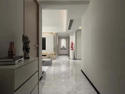 Modern Minimalist Living Dining Room Open Concept With Marble Floor Gray Tone Sofa And Artwork 3d model