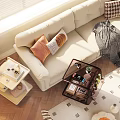 Large Beige Sectional Sofa In Bright Living Room With Orange Striped Cushions And Wheeled Cart