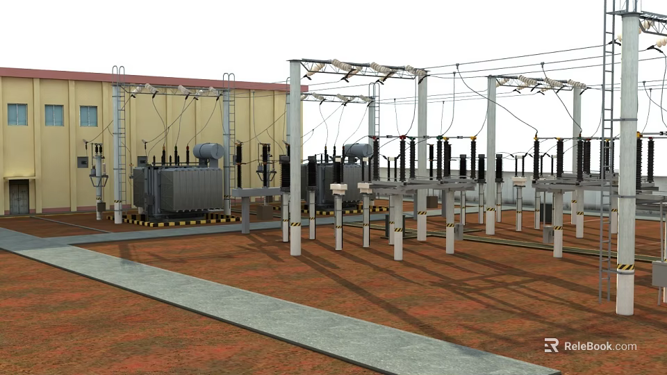 Industrial Power Substation Components With Transformer Units And Steel Support Structures 3d model 