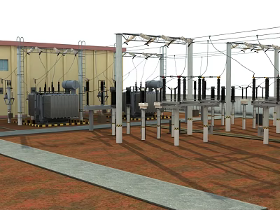 Industrial Power Substation Components With Transformer Units And Steel Support Structures 3d model
