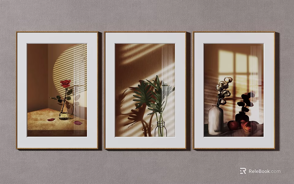 Three Framed Botanical Wall Art with Sunlight Shadow and Plant Vases 3d model 