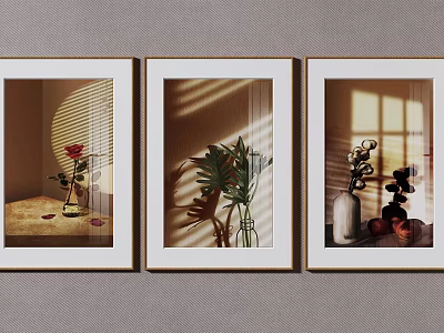 Three Framed Botanical Wall Art with Sunlight Shadow and Plant Vases 3d model