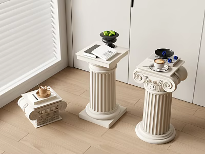 White Classical Roman Column Side Tables With Decorative Items For Home Interior 3d model