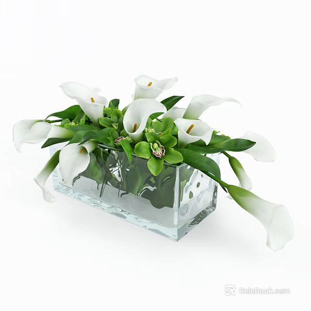 Rectangular Clear Glass Vase With White Calla Lilies And Green Leaves 3d model 