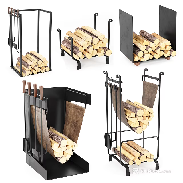 Stone Wood Firewood Storage Racks With Metal Frames And Stacked Logs 3d model 