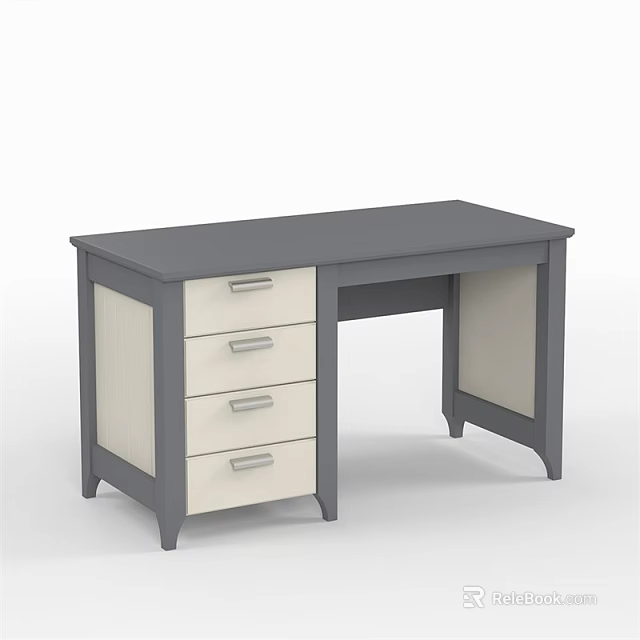 Modern Office Desk with Gray Tabletop Cream Drawers Silver Handles and Simple Design 3d model 