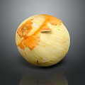 Fresh Peeled Yellow Onion With Orange Skin On Dark Reflective Background