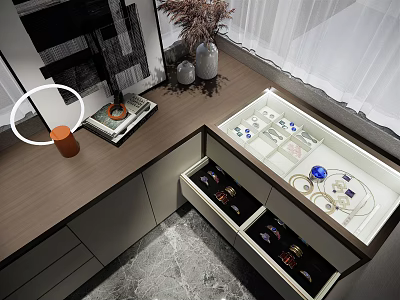 Modern Decorative Cabinet Featuring Wooden Top And Glass Display Drawers For Storage 3d model