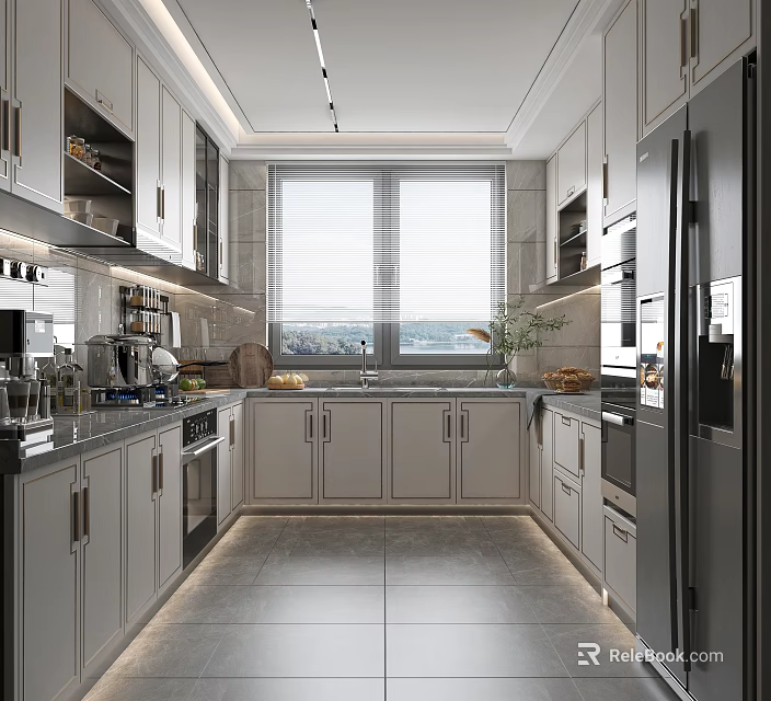 Modern Kitchen Interior With Light Gray Cabinets Large Window Natural Light And Dark Countertop 3d model