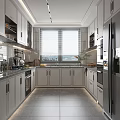Modern Kitchen Interior With Light Gray Cabinets Large Window Natural Light And Dark Countertop 3d model