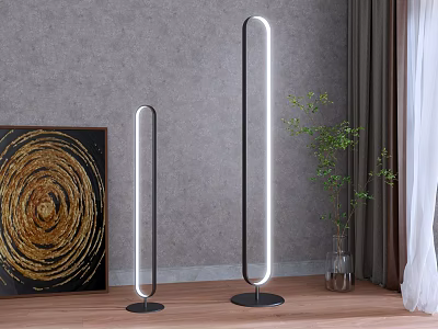 Modern Linear Illuminated Floor Lamps In Room With Gray Wall Wooden Floor And Green Plant 3d model