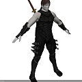 Game Movie Character In Black Combat Suit With Red Katana Sword Muscular Build Standing Pose