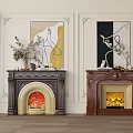 Two Classic Fireplaces With Decorative Paintings Vases And Ornaments On Carved Walls