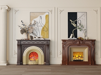 French cream style fireplace decorative painting ornaments combination 3d model