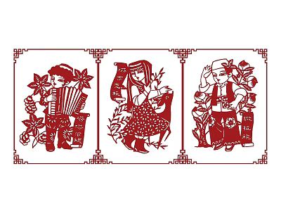 Traditional Chinese Paper Cut Art With Three Cultural Figures And Decorative Borders 3d model