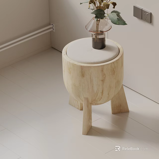 Round Wooden Side Table with Upholstered Top Three Legs and Small Lamp in Minimalist Style 3d model 