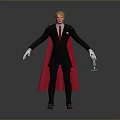3D Humanoid Character With Blonde Hair Black Suit Red Cape White Gloves And Holding Device