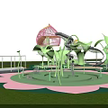 Colorful Children's Park Landscape With Pink Spiral Slide Green Slide Structure And Cartoon Frog