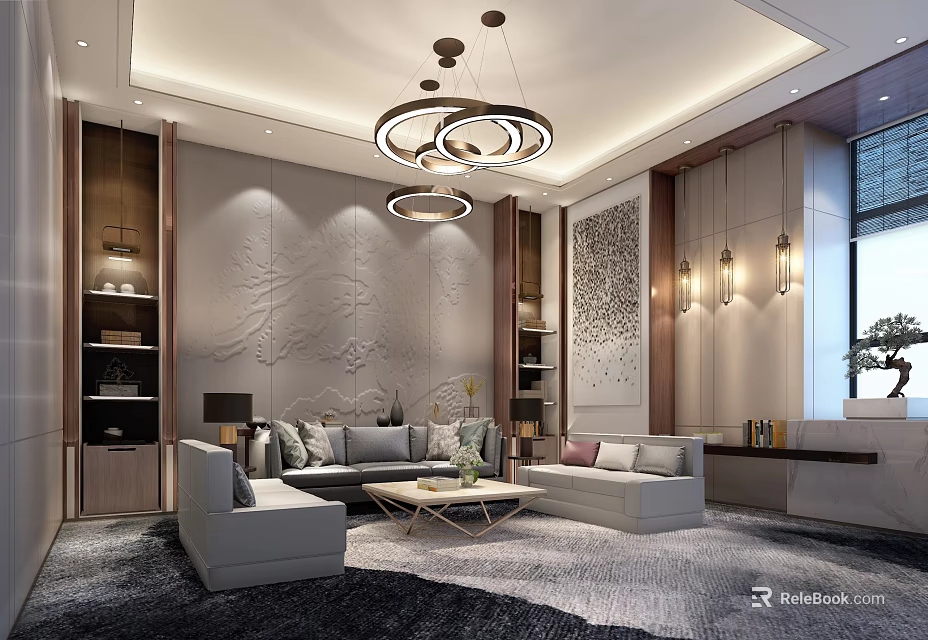 Elegant Hotel Public Lounge With Comfortable Sofas Coffee Table Chandeliers And Decorative Wall 3d model