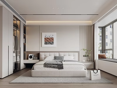 Modern Bedroom Interior Design With White Bed Furniture And Floor To Ceiling Window 3d model