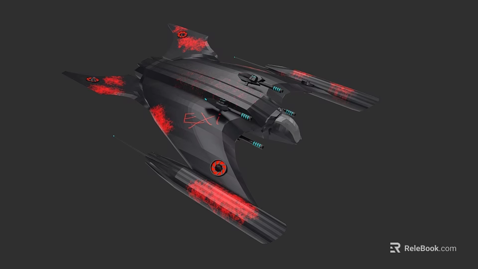 Futuristic Black Spaceship With Red Glowing Wings And Detailed Structure 3d model 