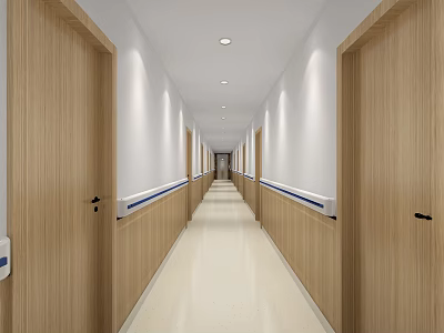 Hospital Outpatient Clinic Corridor With Wooden Doors White Walls Lighting Light Flooring And Blue Waistlines 3d model