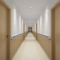 Hospital Outpatient Clinic Corridor With Wooden Doors White Walls Lighting Light Flooring And Blue Waistlines