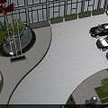 Parking Area Landscape Design With Cars Fence Lamp Posts Trees Shrubs And Paved Path