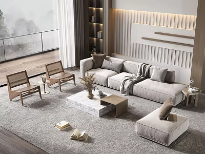 Light Gray Sofa And Coffee Table Set With Wooden Armchairs Ottoman Decorative Wall And Window 3d model