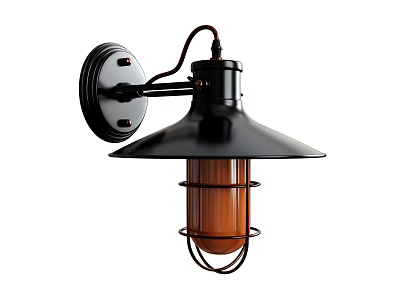 Industrial Style Black Wall Lamp With Copper Shade And Metal Cage Frame Design 3d model