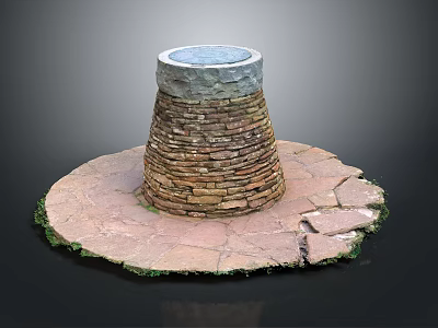 Carved Stone Sculpture with Layered Conical Structure and Circular Base 3d model