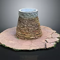 Carved Stone Sculpture with Layered Conical Structure and Circular Base