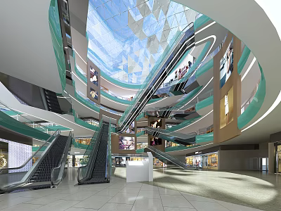 Spacious Modern Shopping Mall Atrium Featuring Multi Level Escalators Glass Skylight And Digital Screens 3d model