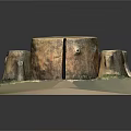 Rustic Wooden Stump Model with Stone Base and Green Grass Decor 3d model