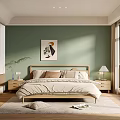 Serene Bedroom Interior With Green Walls Artwork Nightstands With Table Lamps And Wooden Floor