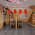 Japanese Restaurant Corridor With Green Walls Wooden Flooring Benches And Lantern Lights
