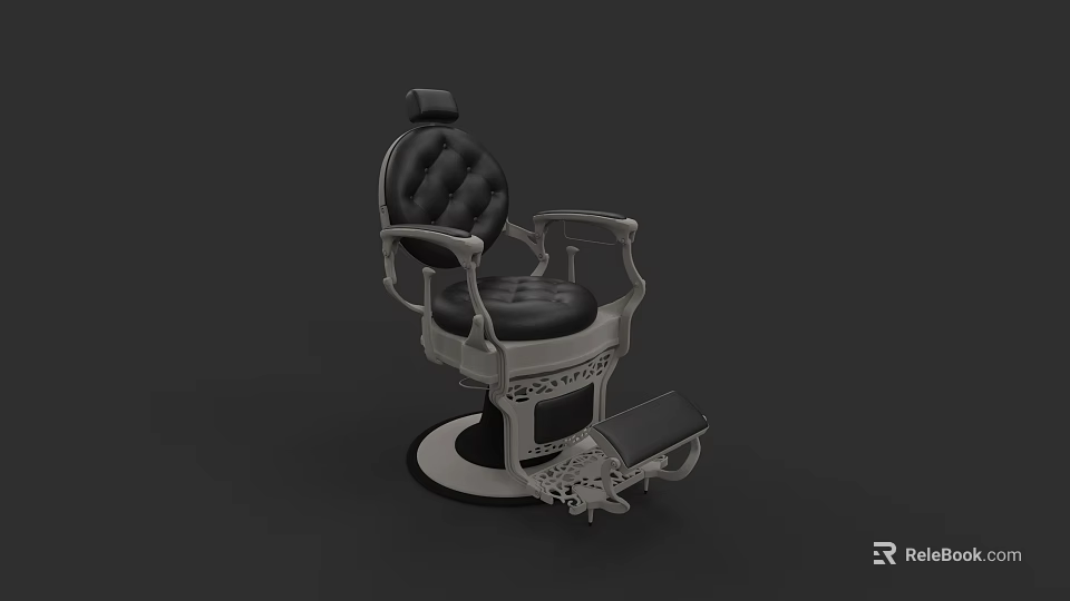 Vintage Barber Armchair With Black Leather Upholstery And Carved Metal Frame 3d model 