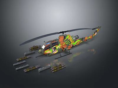 Detailed Military Helicopter Model With Camouflage Paint Rotors And Missiles 3d model